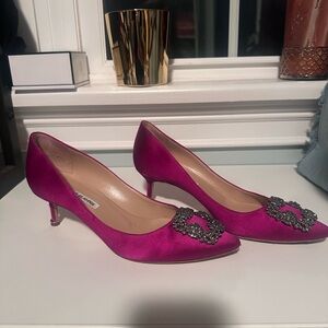 Manolo Blahnik Hangisi Fuchsia Satin Heels with Crystal Buckle 50mm